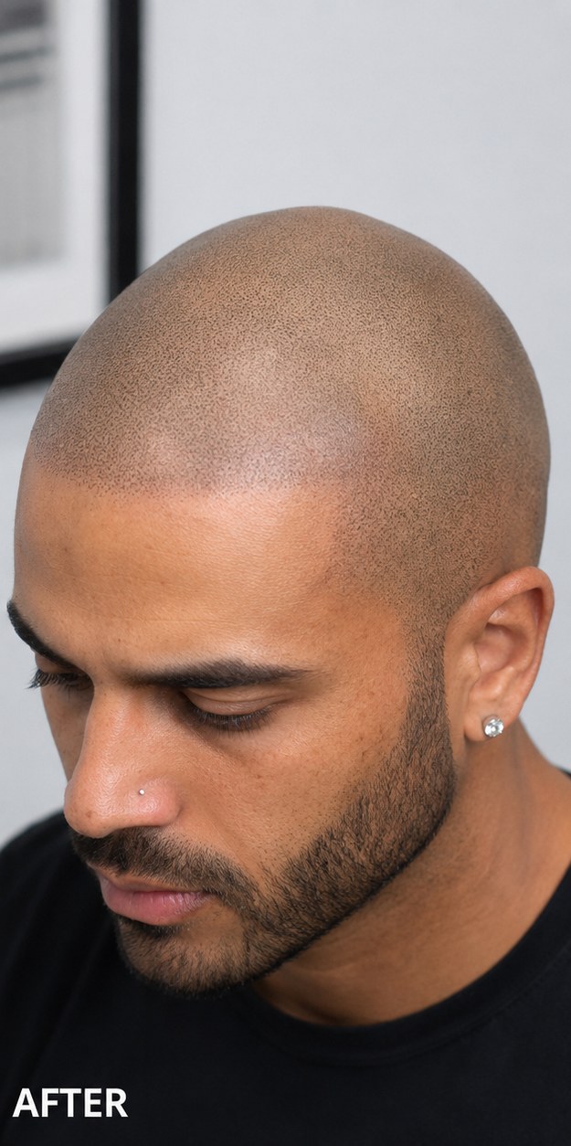 Male scalp after scalp micropigmentation — full scalp coverage healed result