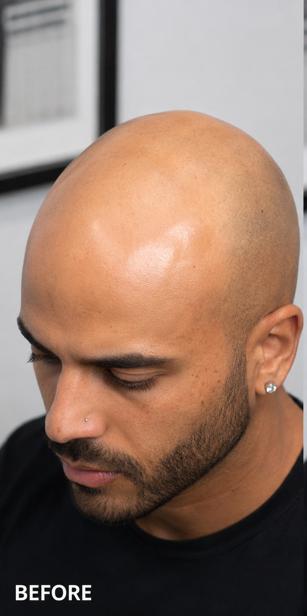 Male scalp before scalp micropigmentation — complete baldness Norwood VII